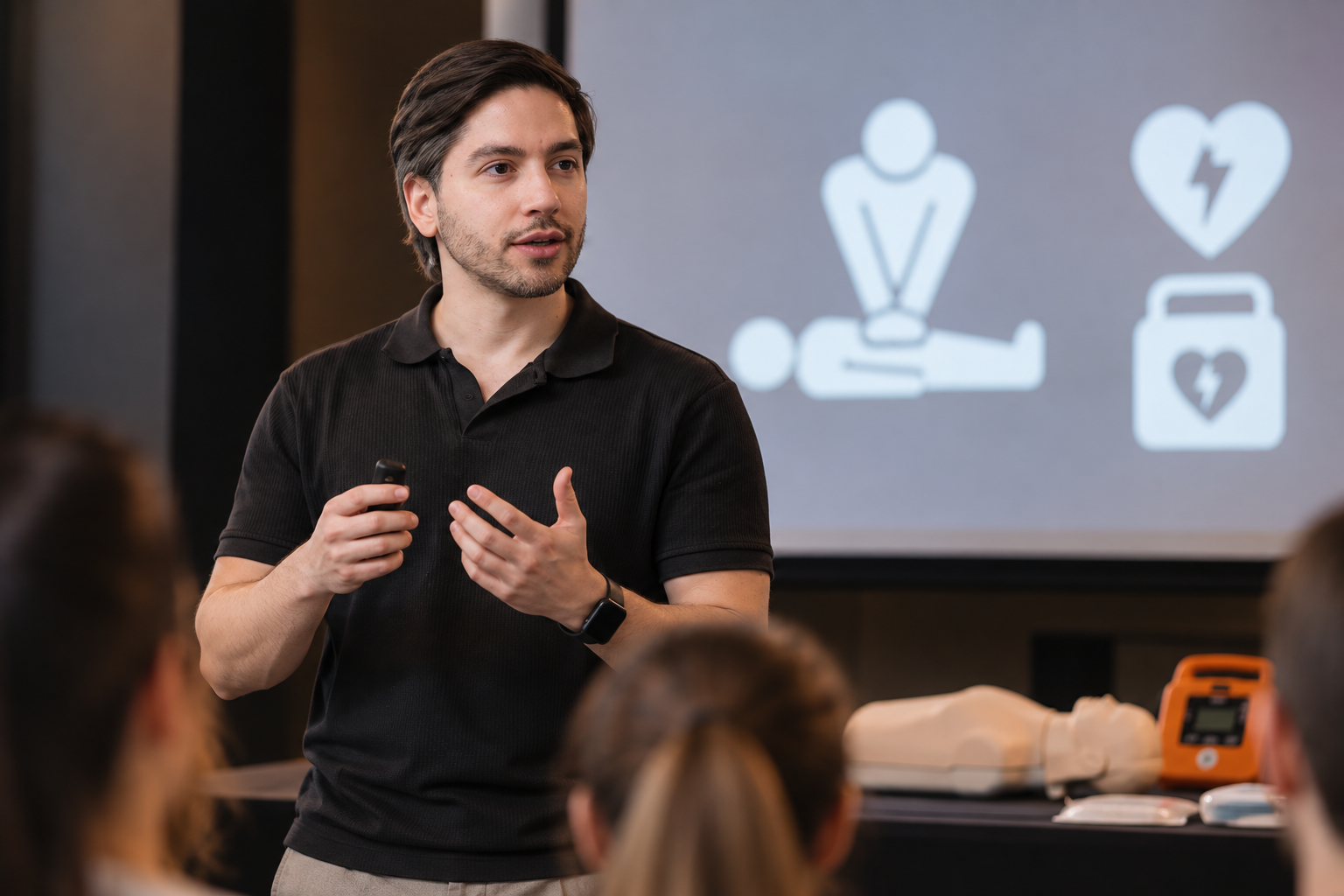 Dr. Rodrigo Pierami conduzindo um treinamento de RCP em sala de aula
