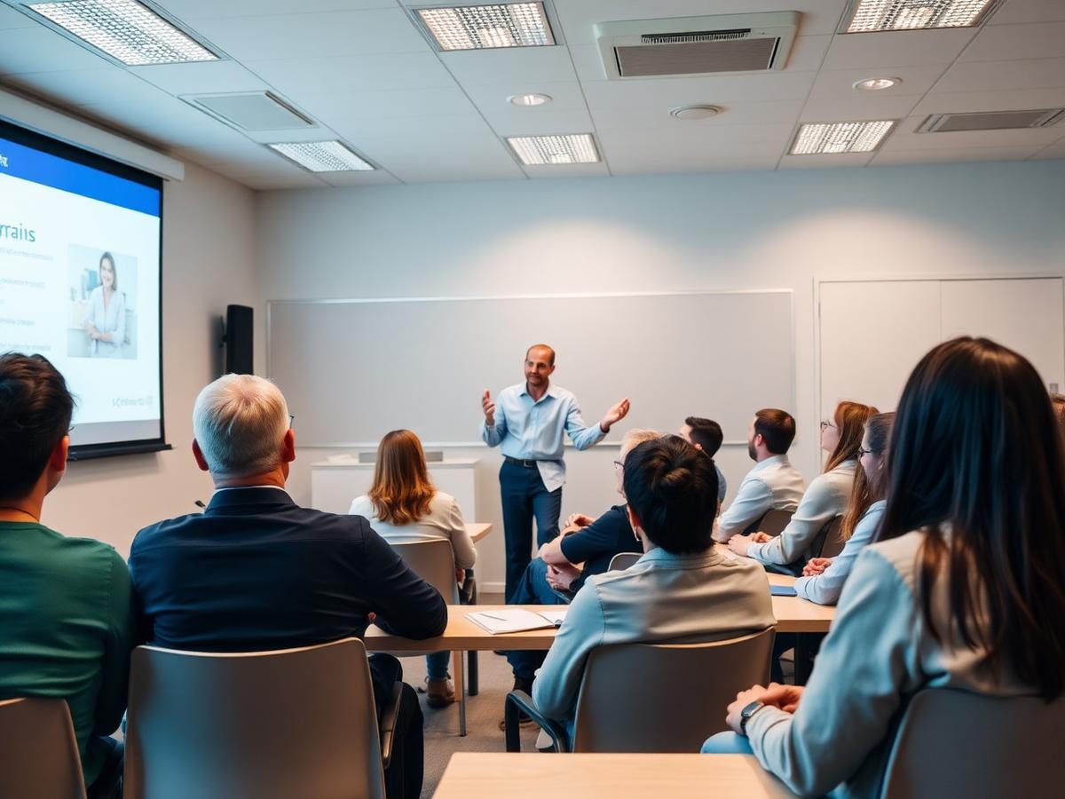 Instrutor conduzindo aula de resposta rápida em sala moderna