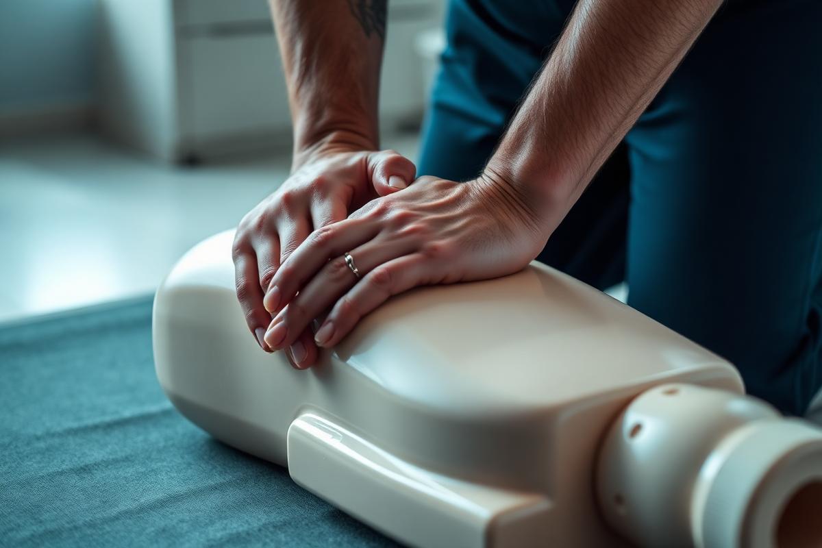 Mãos realizando compressões torácicas em manequim de treinamento