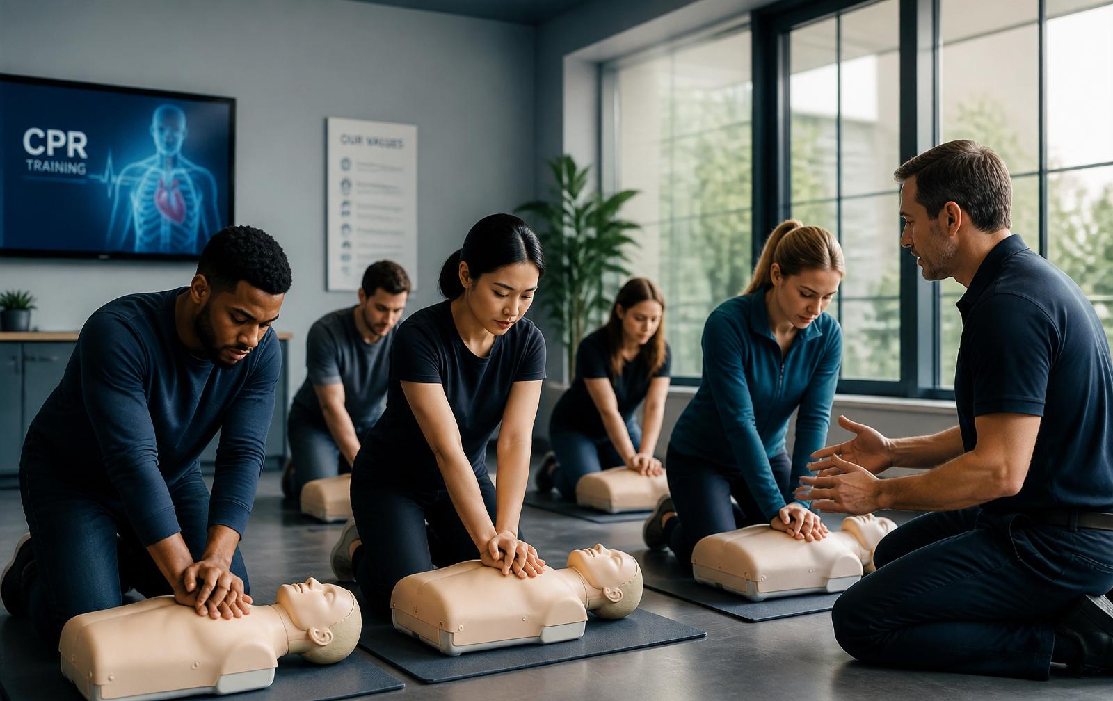 Turma praticando manobras de reanimação cardiopulmonar em manequins durante treinamento